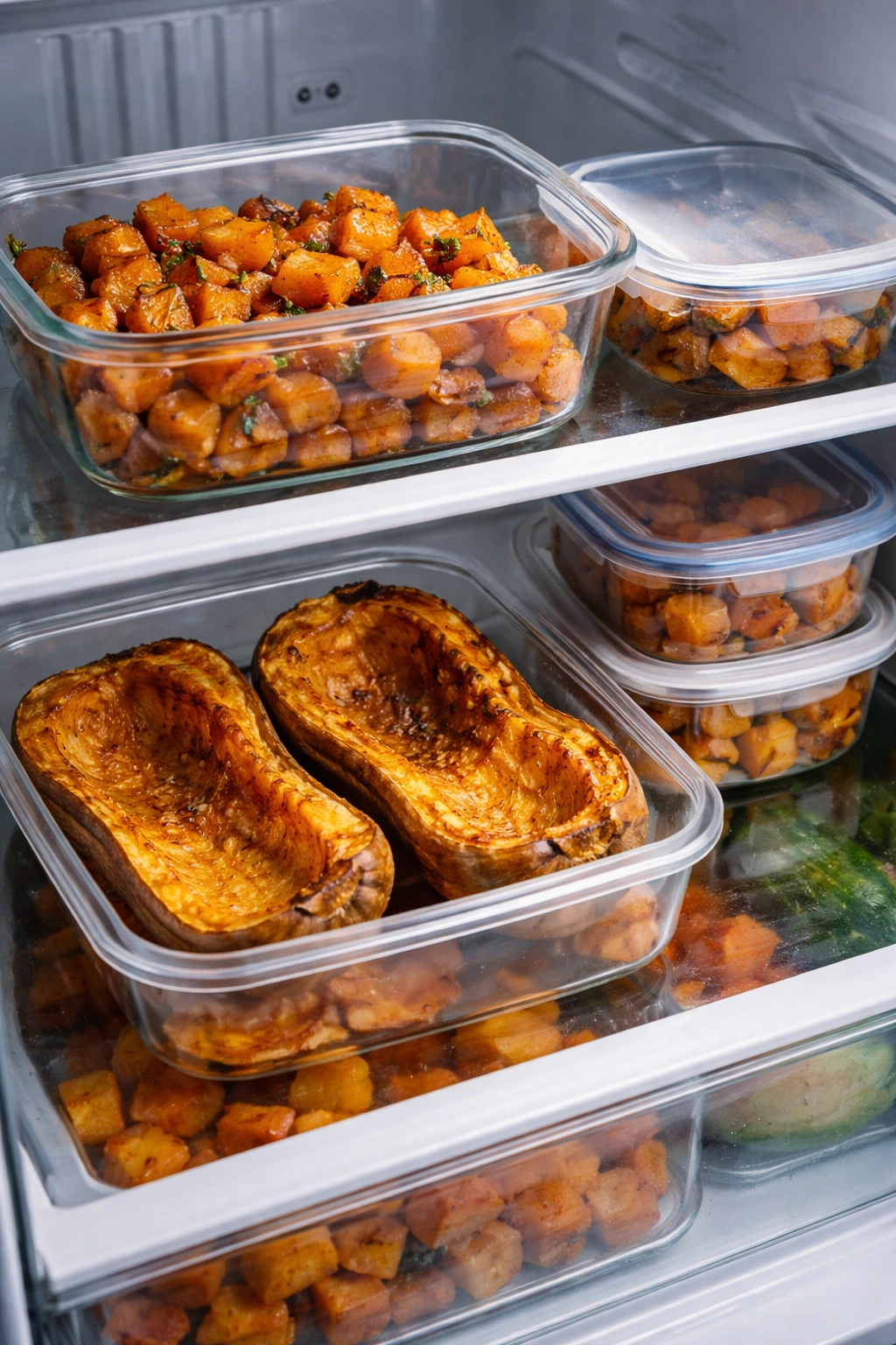 Roasted squash stored in airtight containers in the fridge, preserving texture