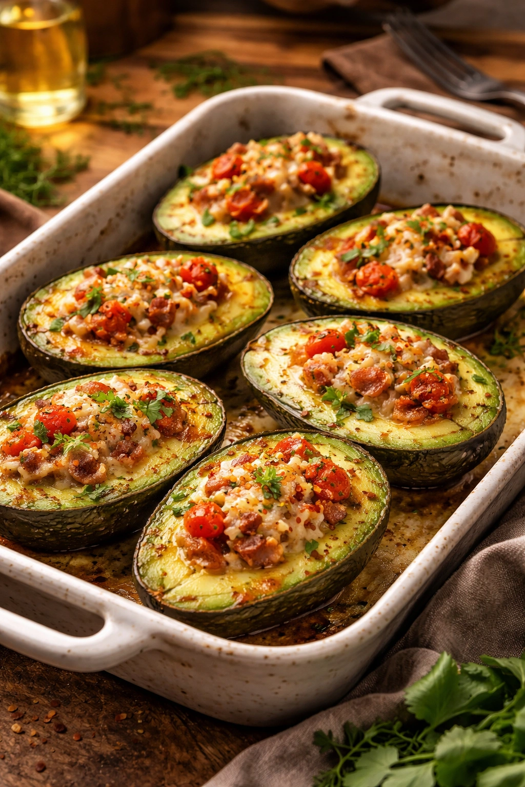 Halved avocados in a baking dish with warm roasted filling