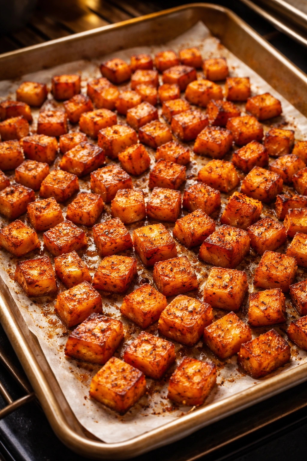 Close-up of caramelized orange sweet potato cubes on a baking sheet.