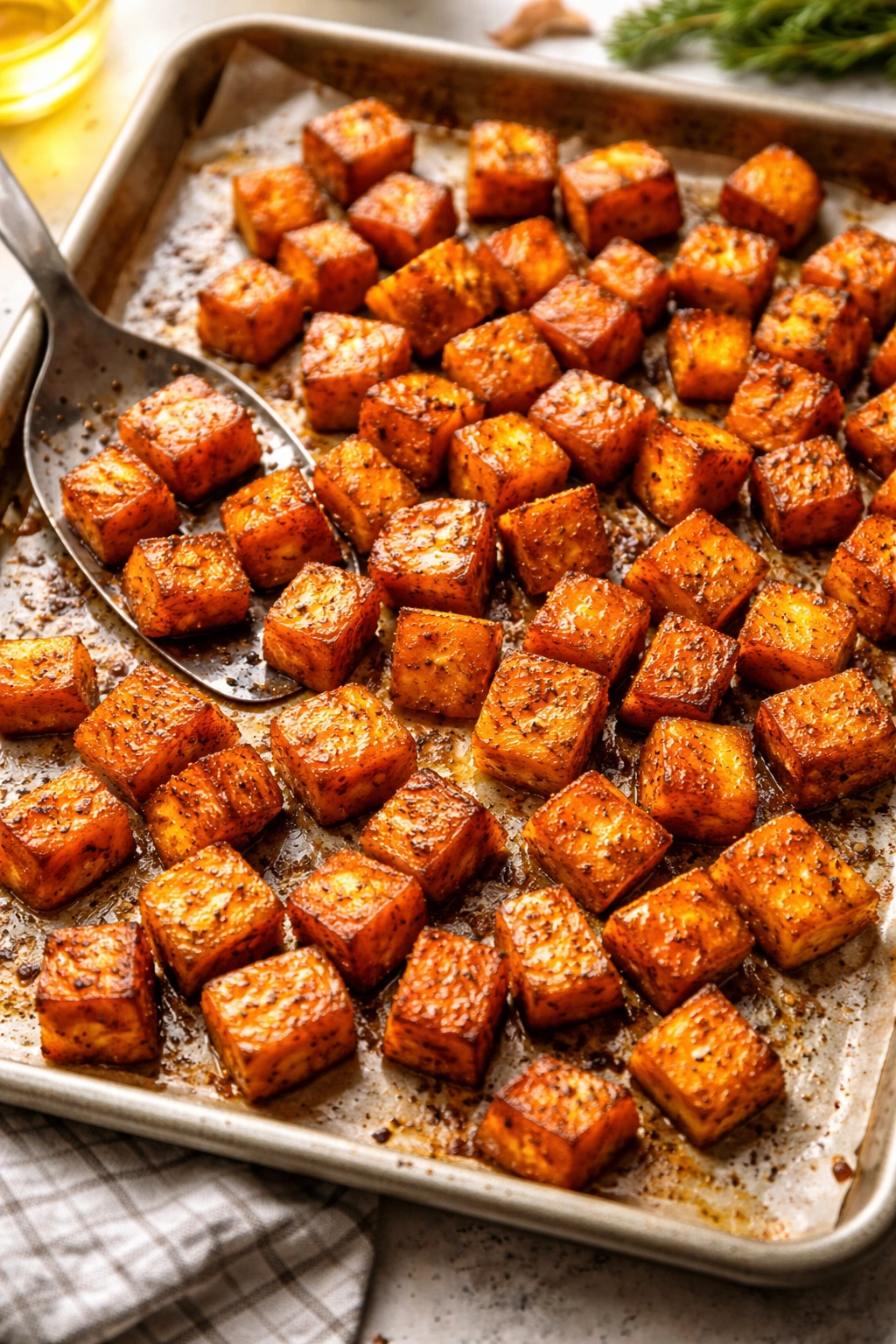 Crispy roasted sweet potato cubes on a sheet pan.