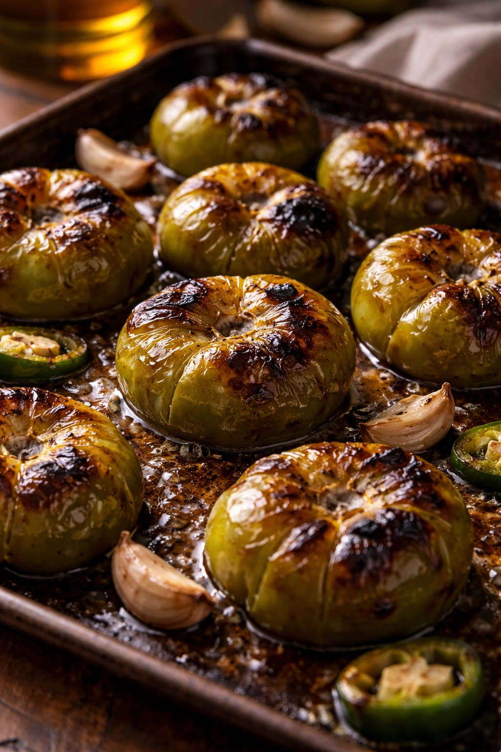 Close-up of roasted tomatillos with charred spots on a sheet pan