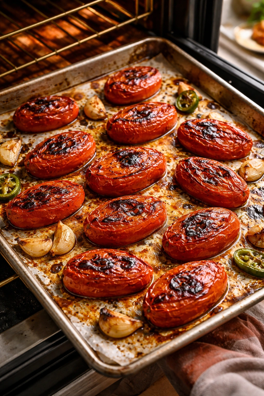 Roma tomatoes on a sheet pan with charred skins after roasting