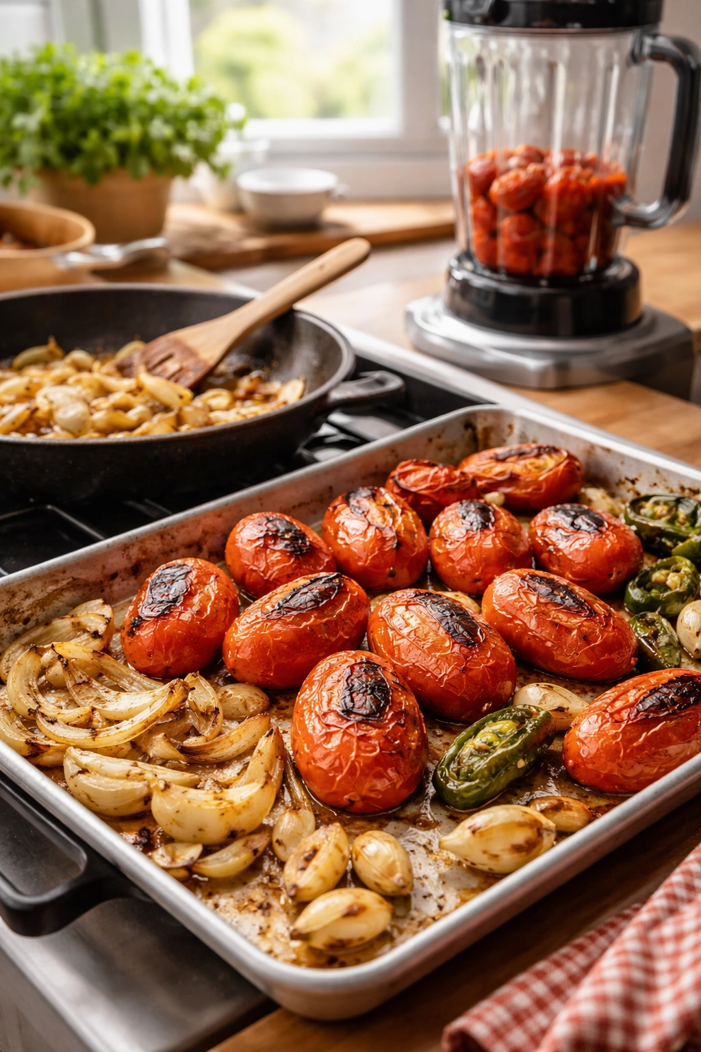 Roasted tomatoes and caramelized onions for soup base with blender in background