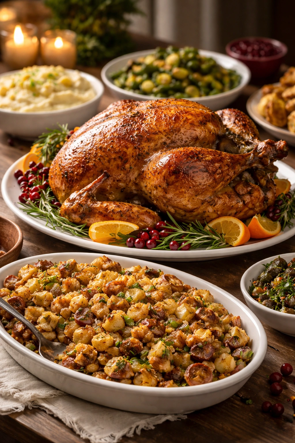 Roasted turkey on a platter ready to be served with stuffing