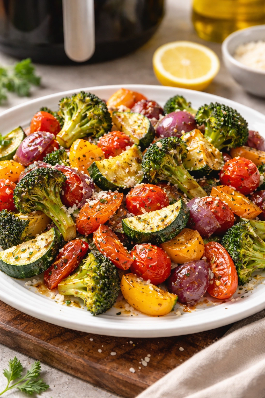 Colorful roasted vegetables on plate with olive oil shine