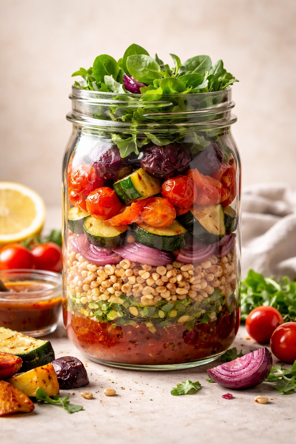 Mason jar salad with roasted vegetables and farro layered in glass