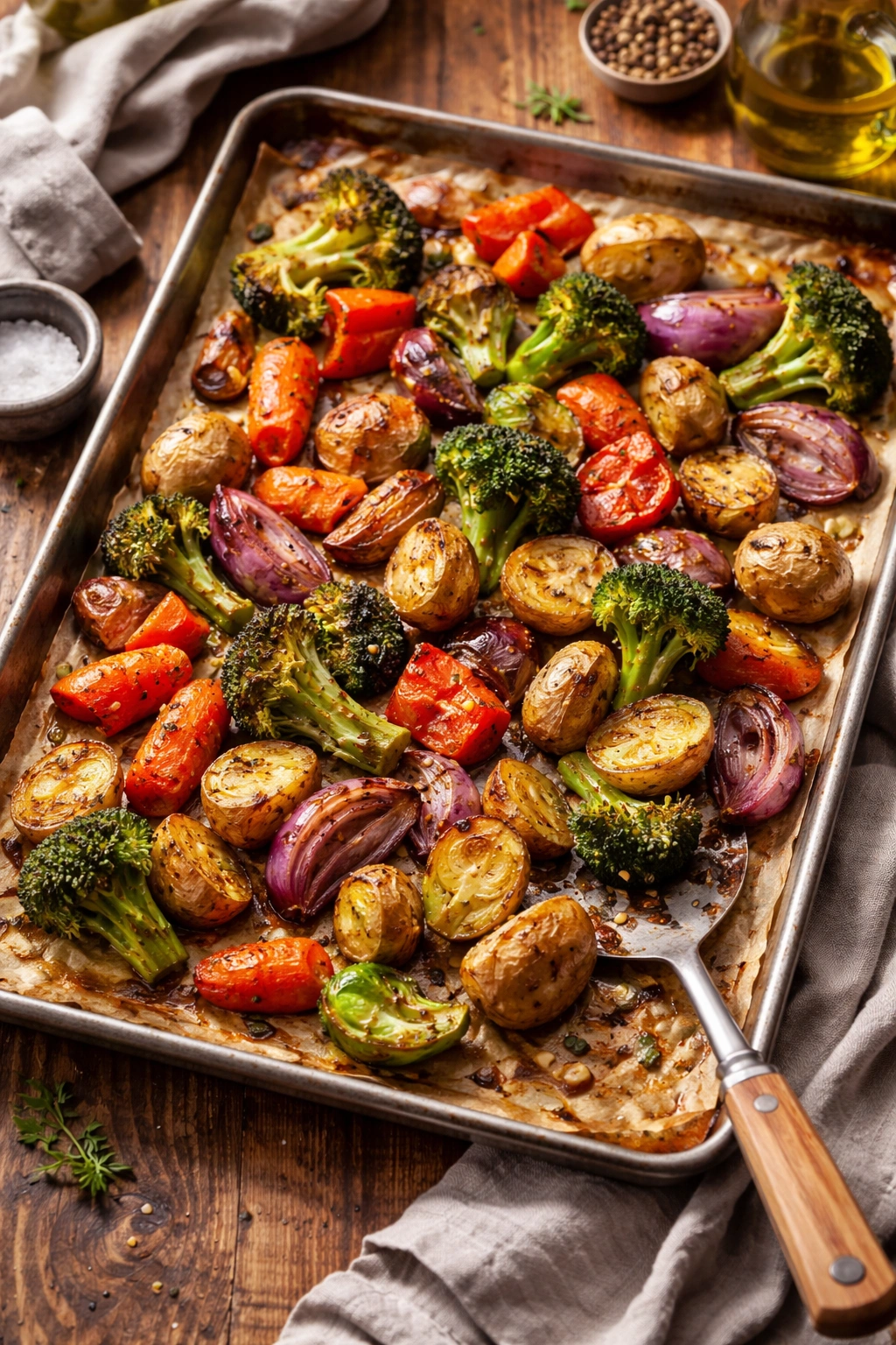 Colorful roasted vegetables on a sheet pan with golden caramelized edges