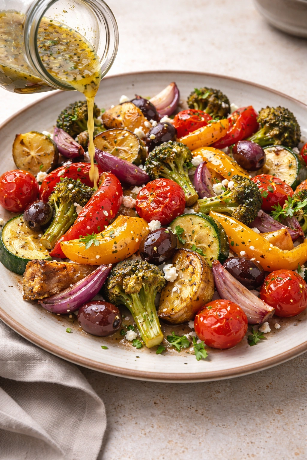 Roasted vegetables dressed with Greek dressing, illustrating versatile serving options