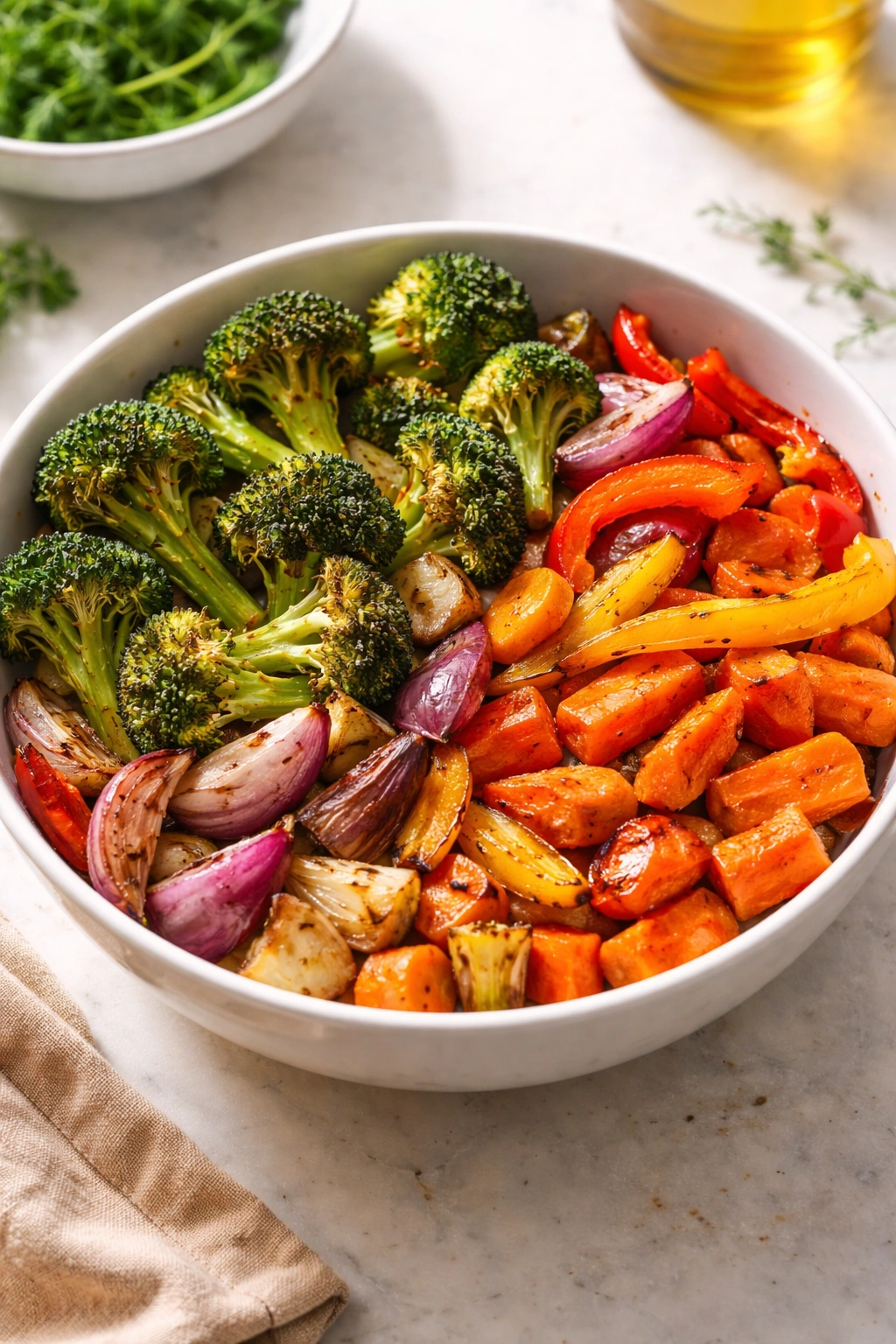Colorful roasted vegetables in a bowl