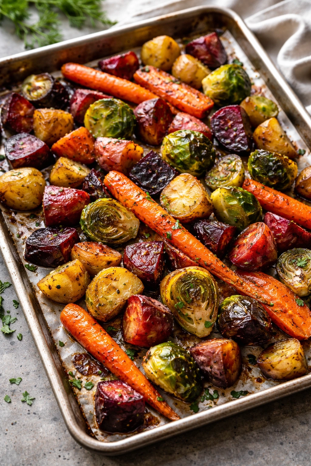 Colorful roasted vegetables on a baking sheet with caramelized edges