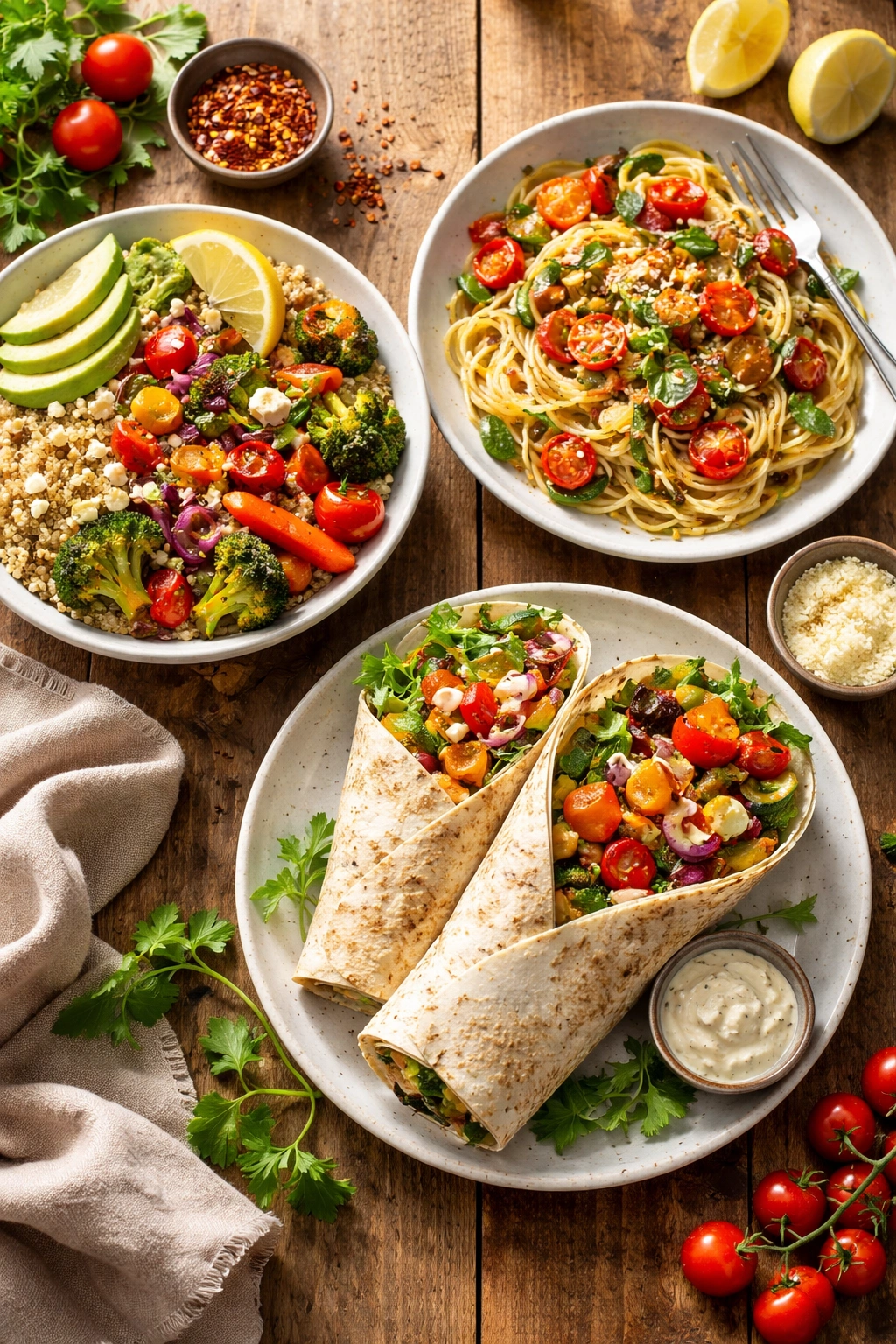 Overhead view of roasted vegetables plated as grain bowls, pasta dish, and veggie wrap to illustrate serving ideas
