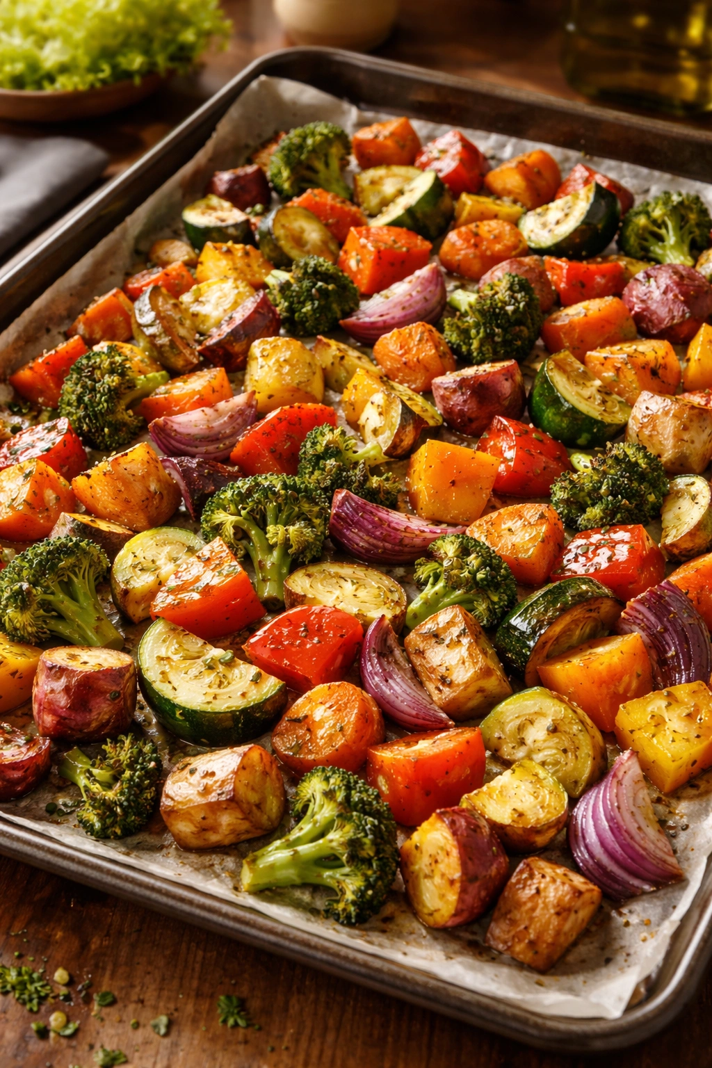 Colorful roasted vegetables on a sheet pan