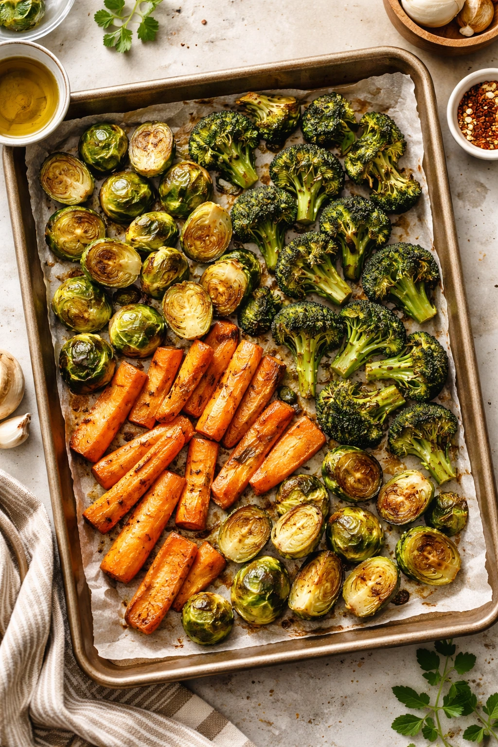 Assorted roasted vegetables on a sheet pan with browning edges