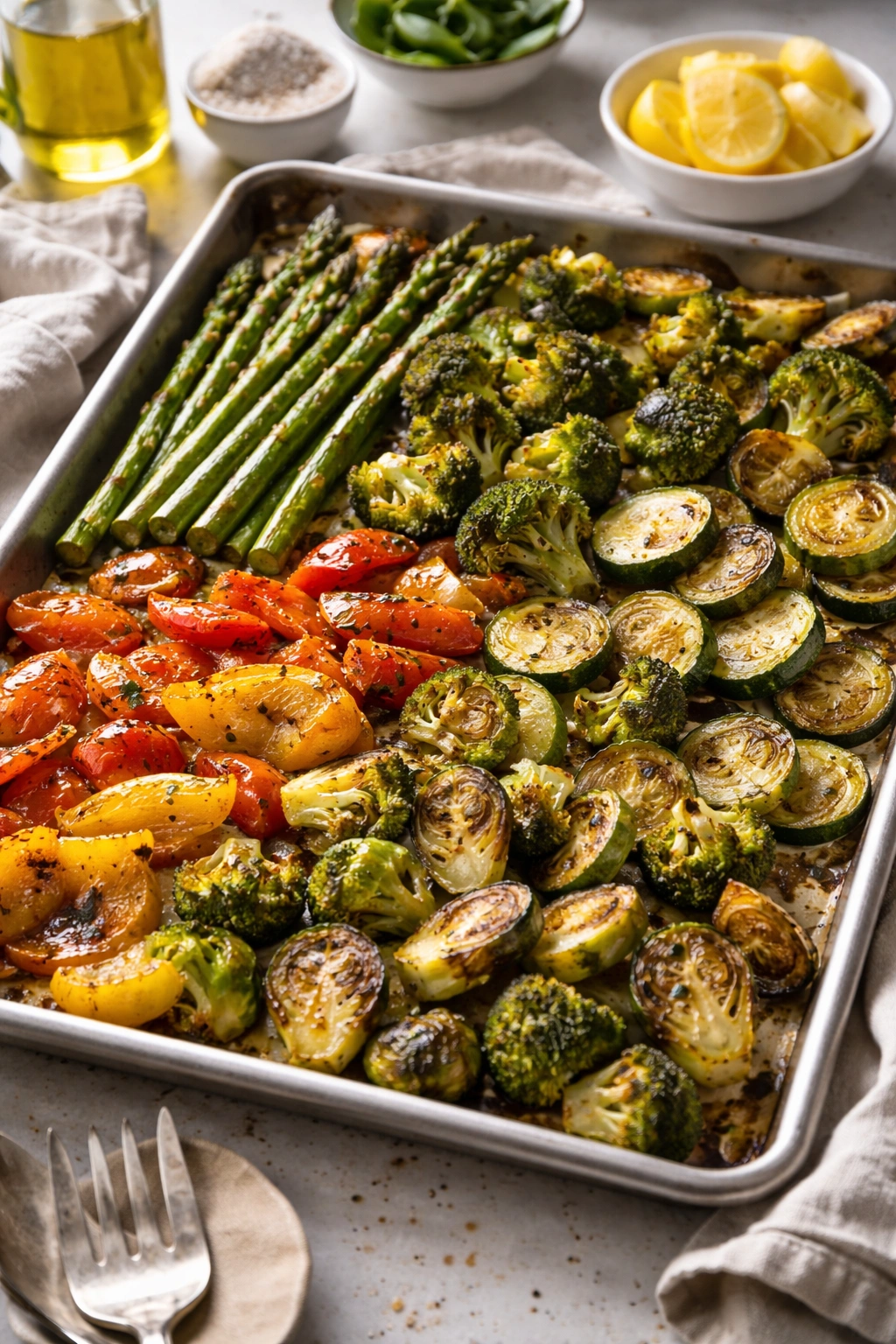 Caramelized roasted vegetables on a sheet pan