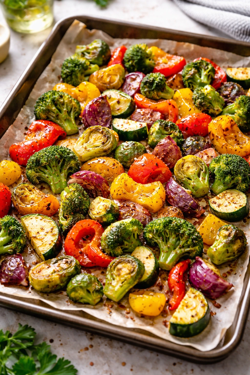 Colorful roasted vegetables on a sheet pan with caramelized edges