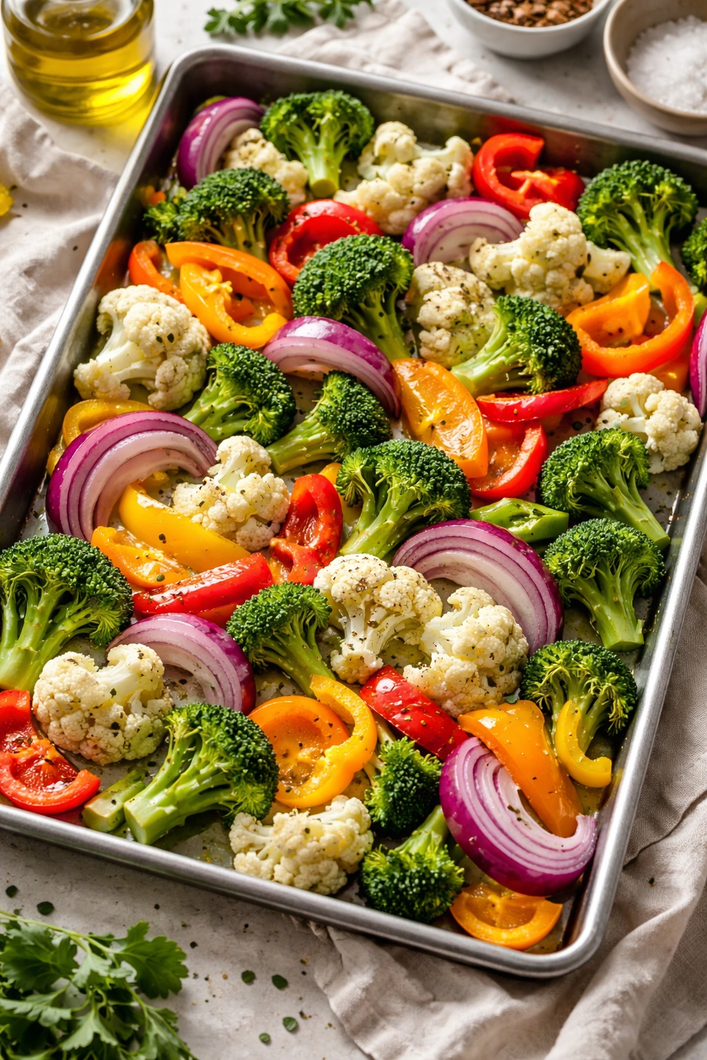 Colorful vegetables on a sheet pan ready for roasting.