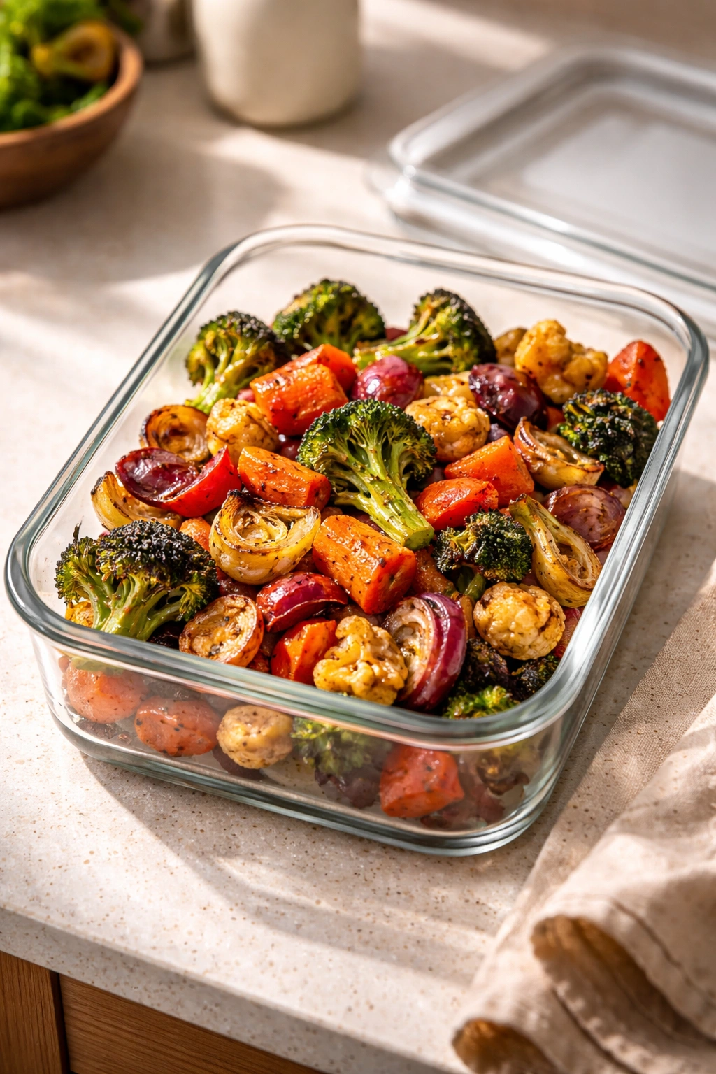 Colorful roasted vegetables in an airtight glass container on a kitchen counter, ready for storage