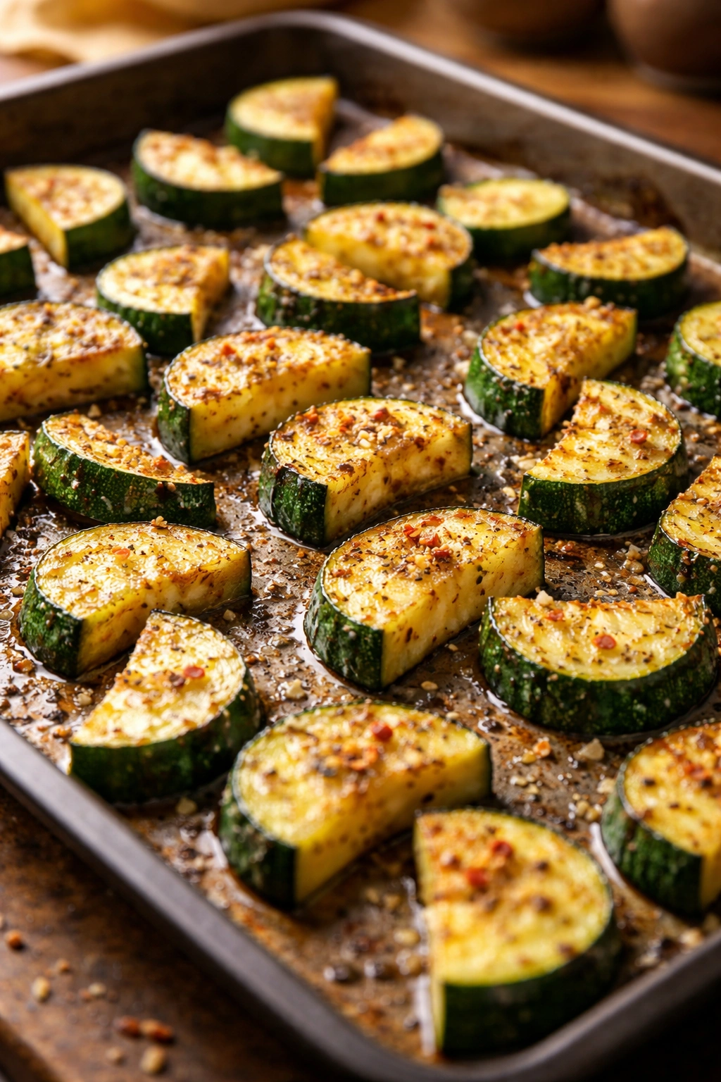Roasted zucchini with crisp edges on a baking sheet
