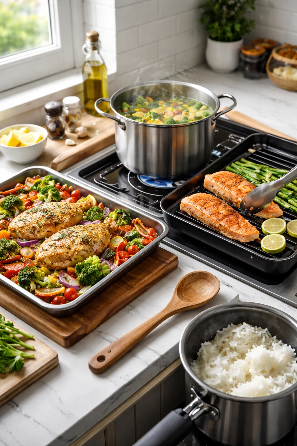 Roasting chicken and vegetables, boiling grains, and grilling on a pan in a kitchen