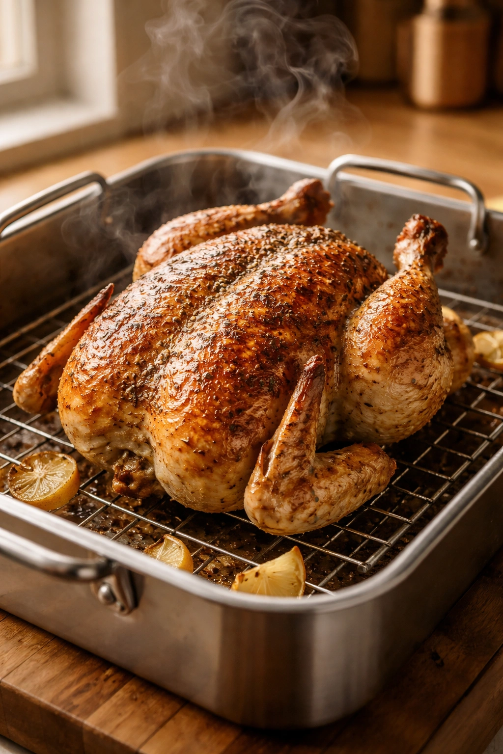 Roasting chicken on a rack in a pan with crisp skin