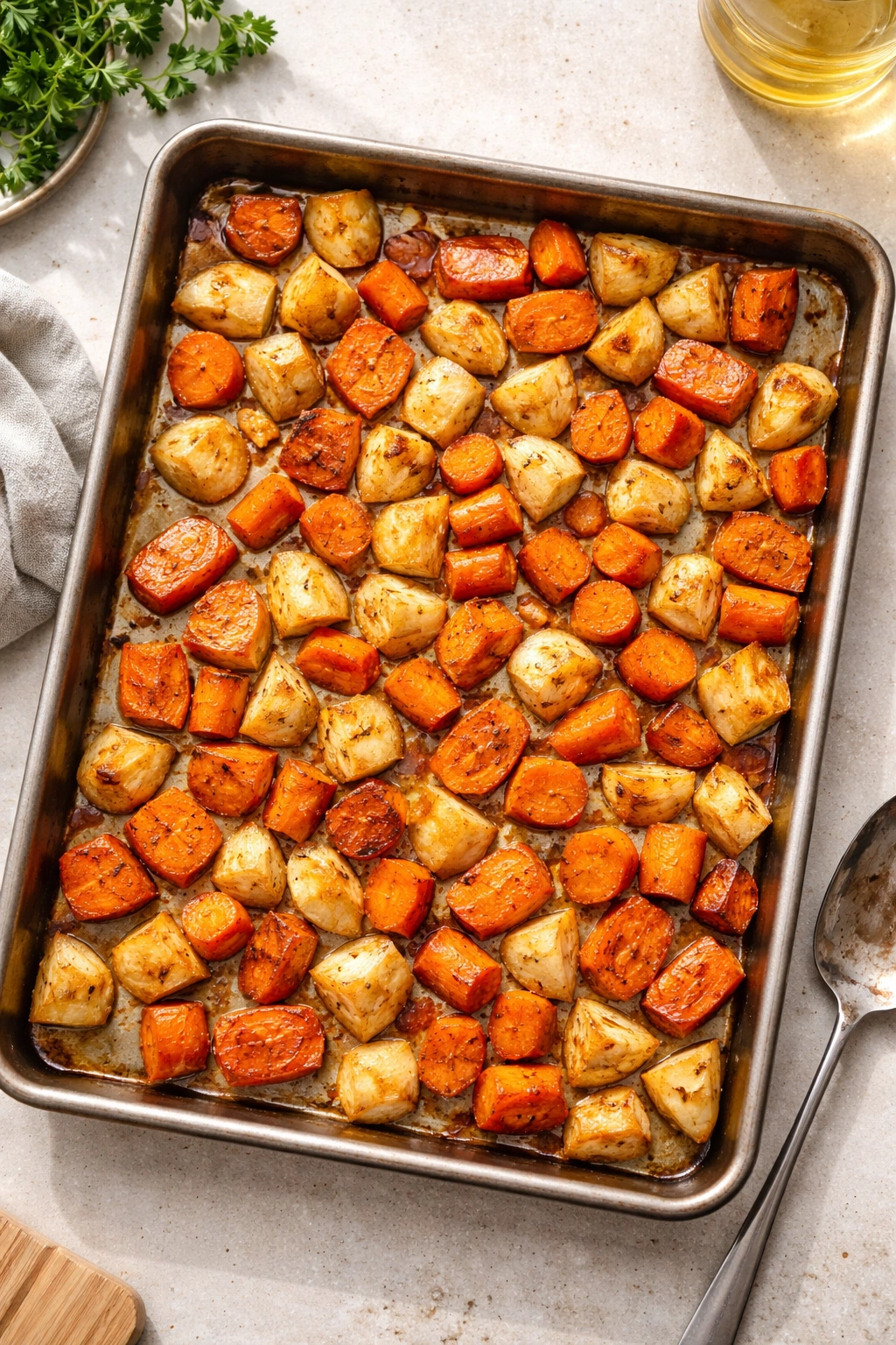 Sheet pan with uniformly cut vegetables showing browning edges