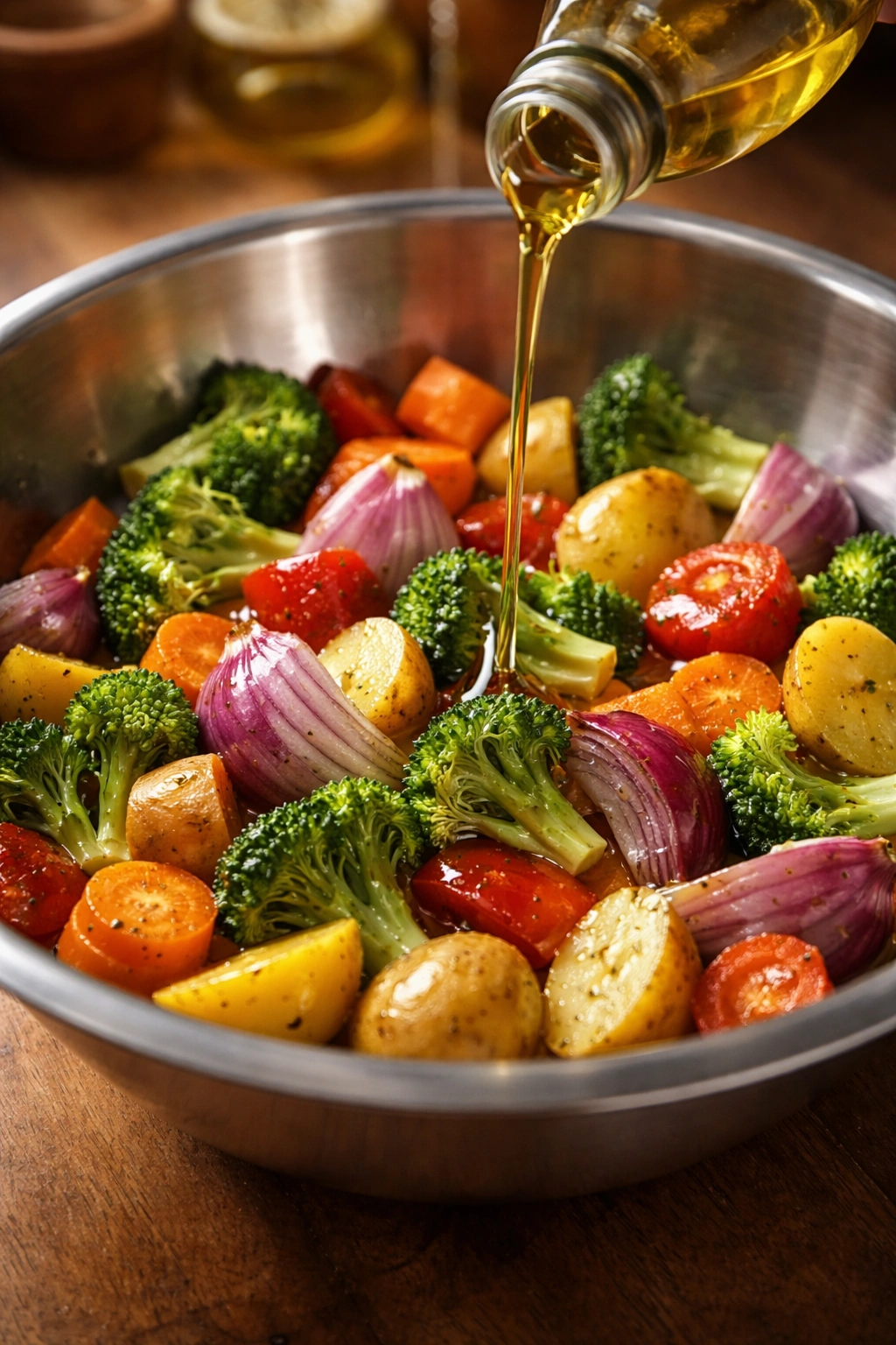 Vegetables lightly coated with oil for roasting in a bowl