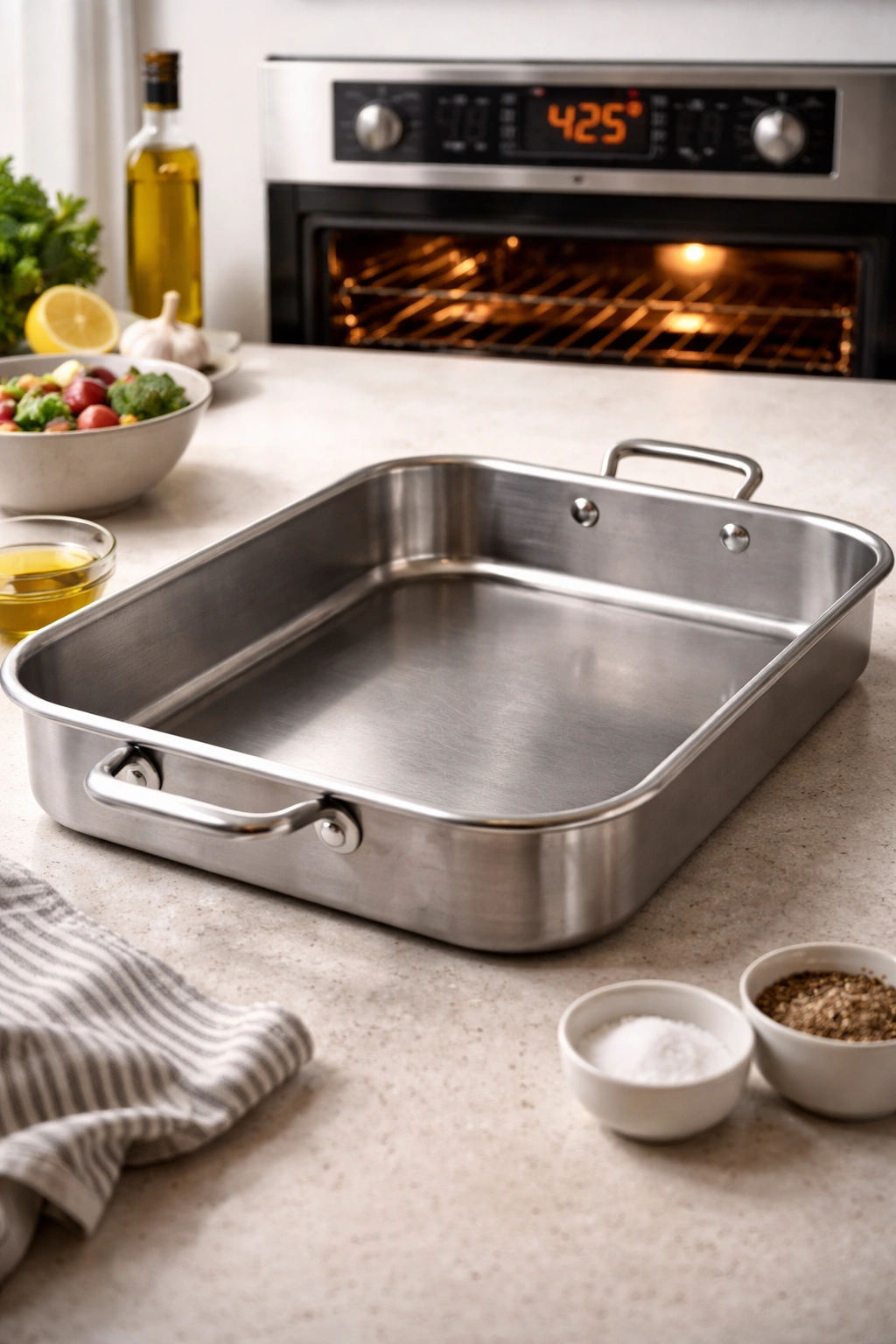Heavy-bottom roasting pan ready for high-heat oven roasting