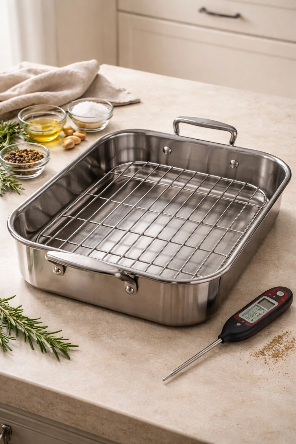 Roasting pan with rack ready for beef on counter