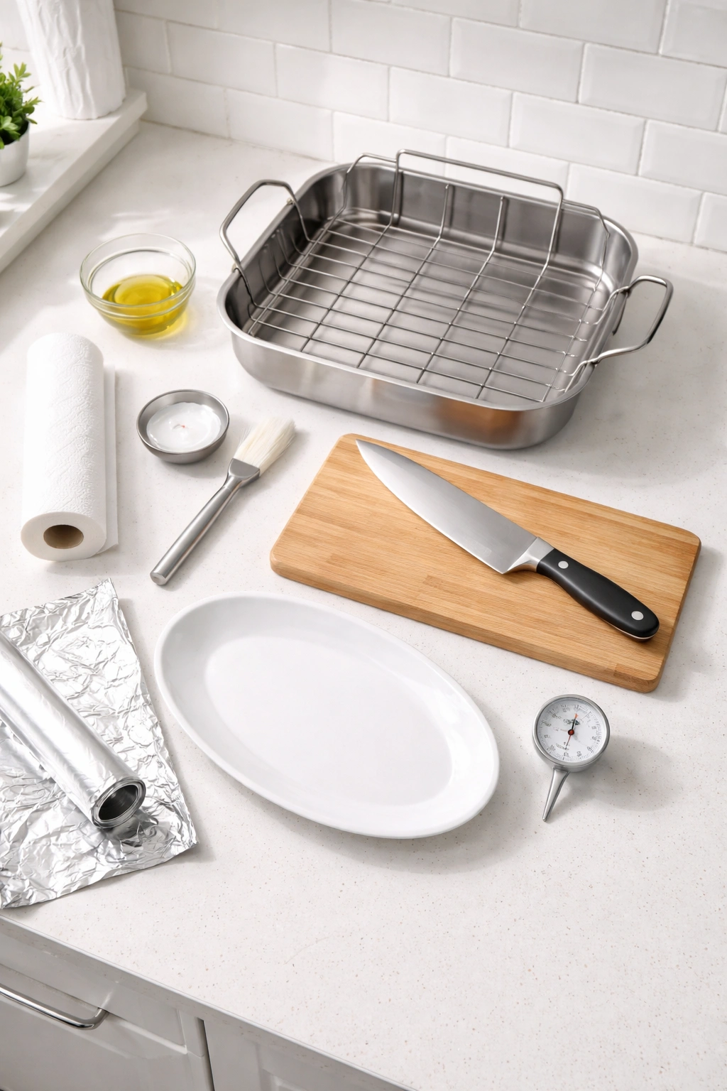 Flat lay of roasting equipment including pan with rack and knife