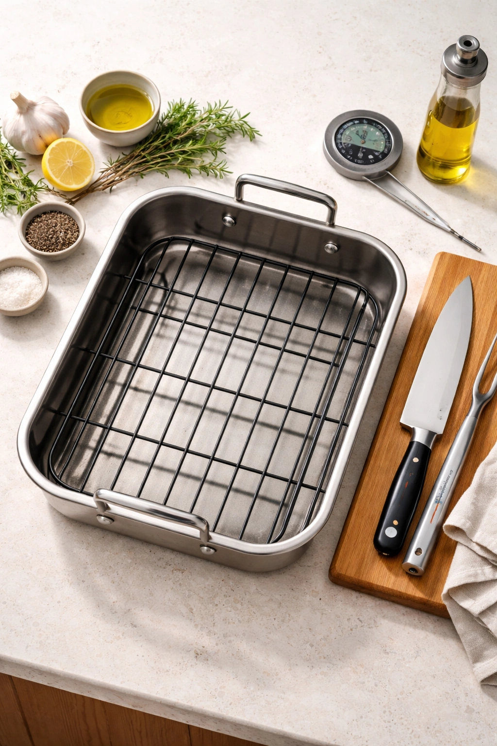 Roasting pan ready on a clean countertop
