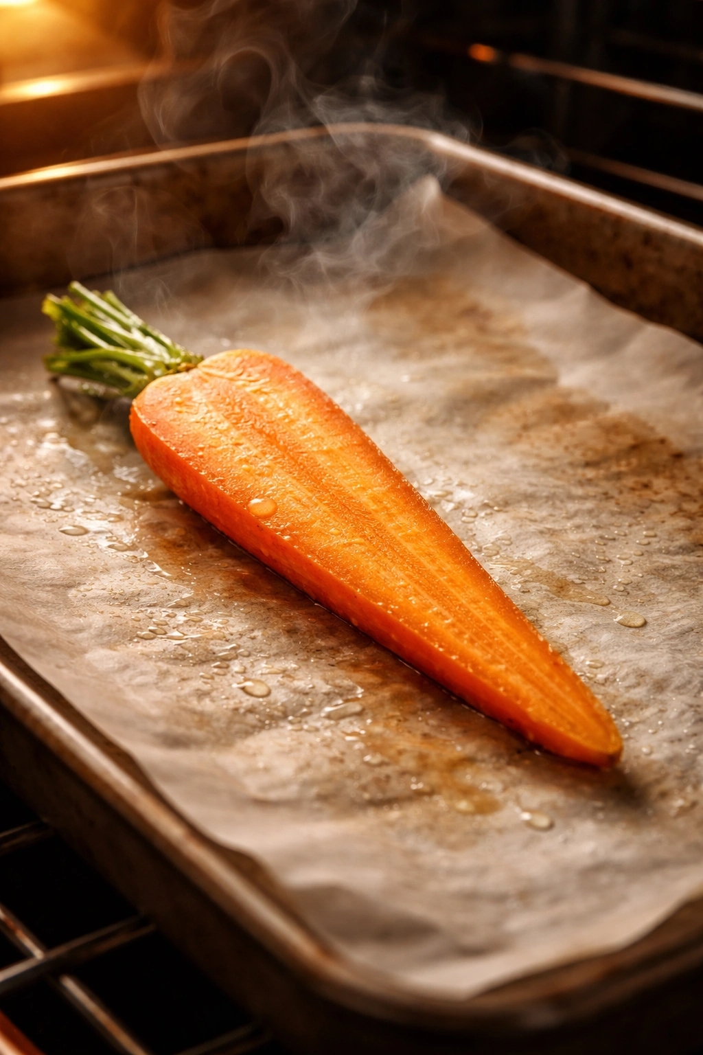 Close-up of a pale, moist carrot half on a parchment-lined baking sheet in warm oven light