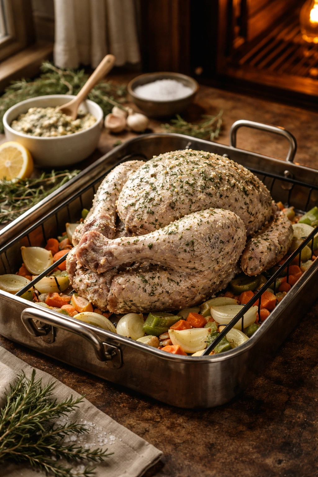 Turkey on a rack in a roasting pan with aromatics ready for roasting