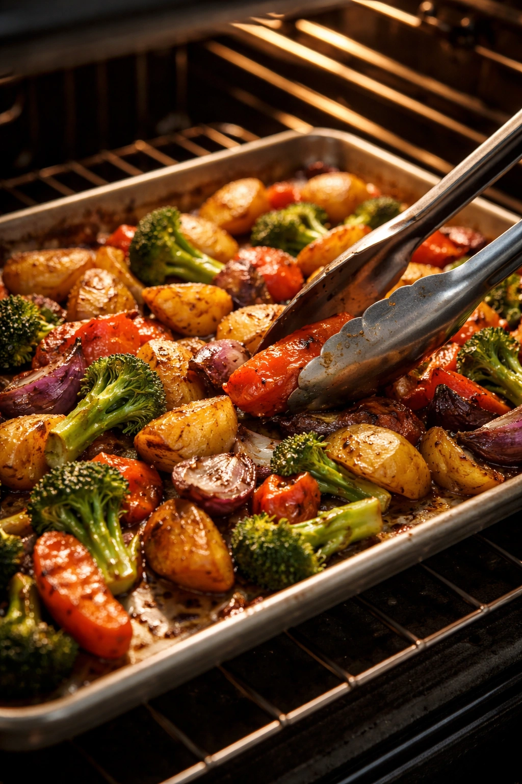 Tongs turning roasted vegetables on a sheet pan inside the oven