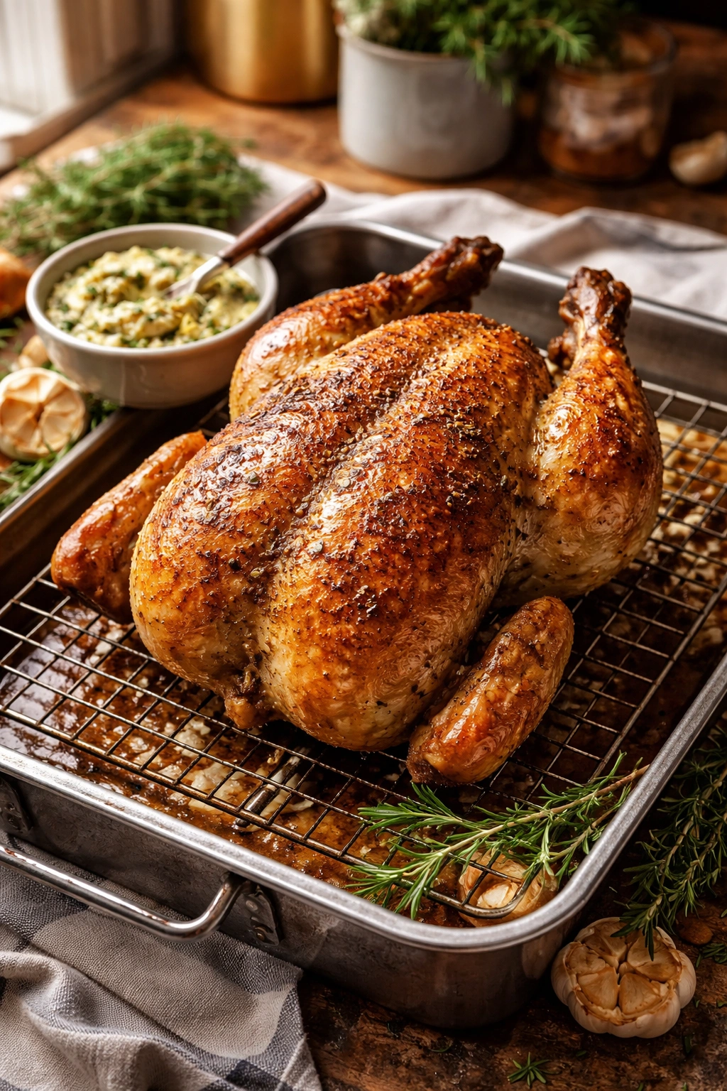 Dry skin on chicken on rack with herb butter nearby to show better roasting techniques