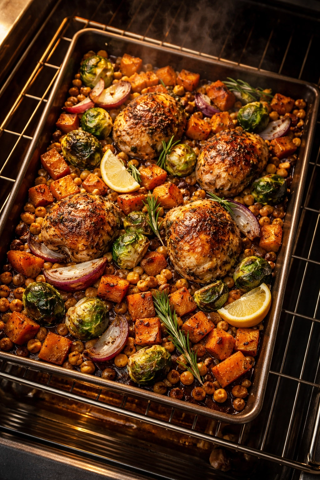 Sheet pan with browning vegetables in warm oven light.