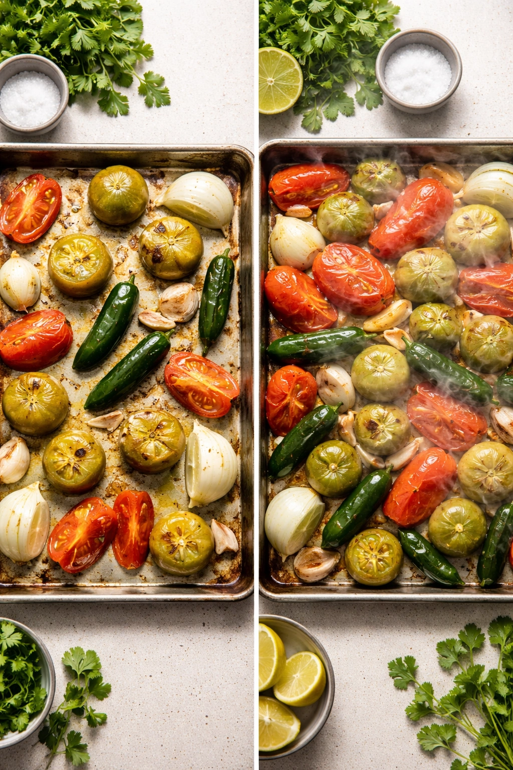 Two-panel roast comparison showing proper spacing versus overcrowded vegetables for salsa