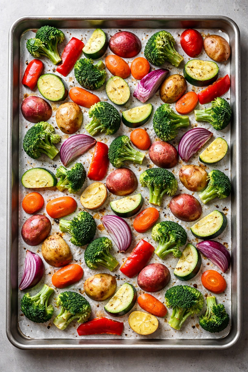 Vegetables arranged in a single layer on a sheet pan for browning