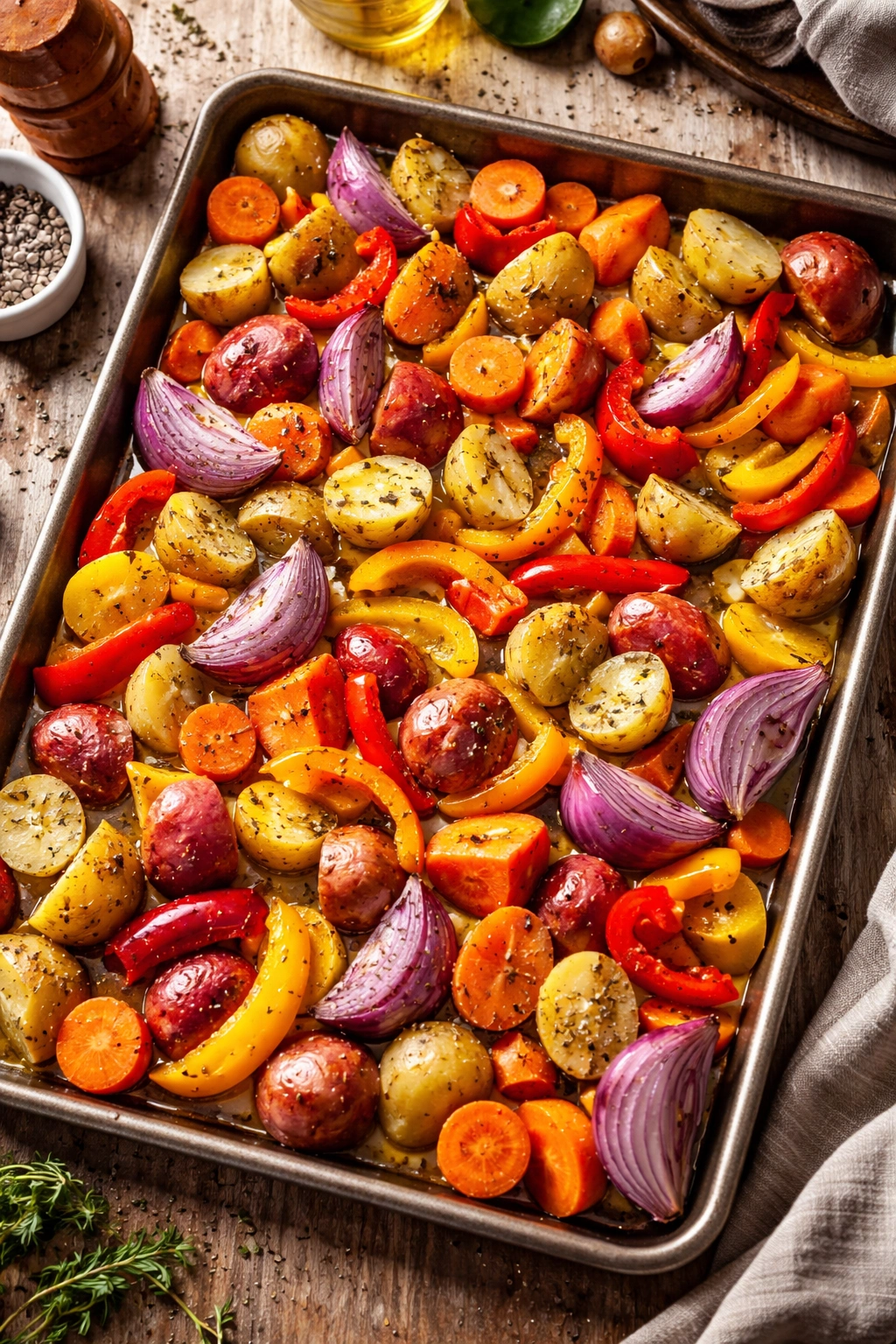 Roasting vegetables: potatoes, carrots, peppers, and onions on a sheet pan