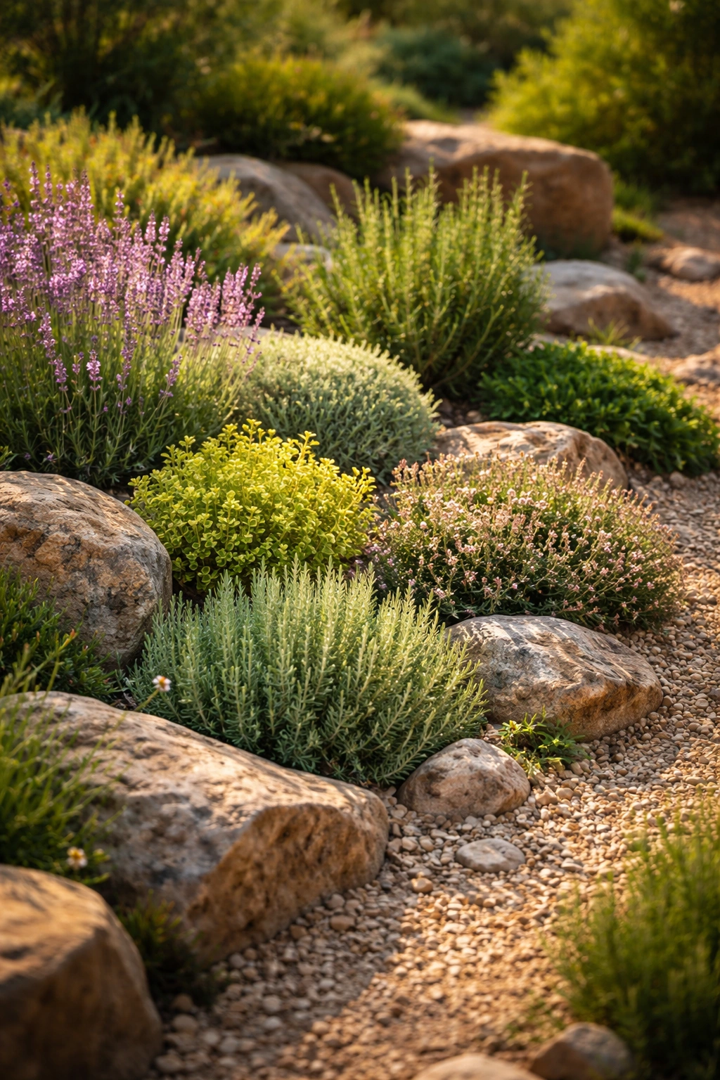 Rock garden with thyme, lavender, and other Mediterranean herbs among stones.