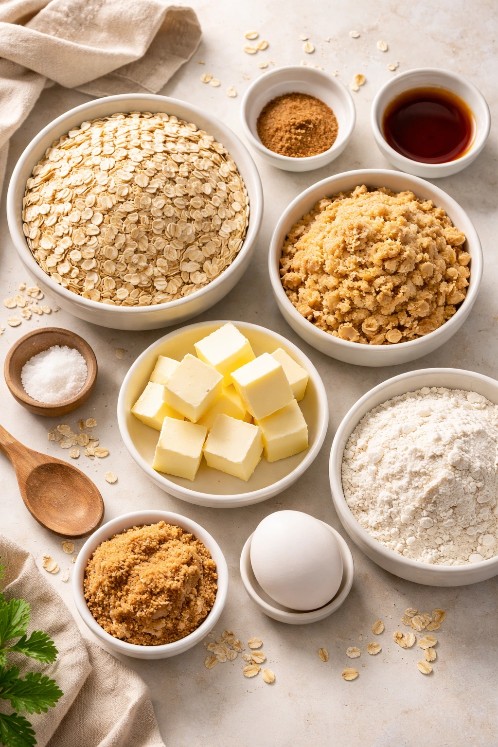 Top-down still life of key oatmeal cookie ingredients in bowls