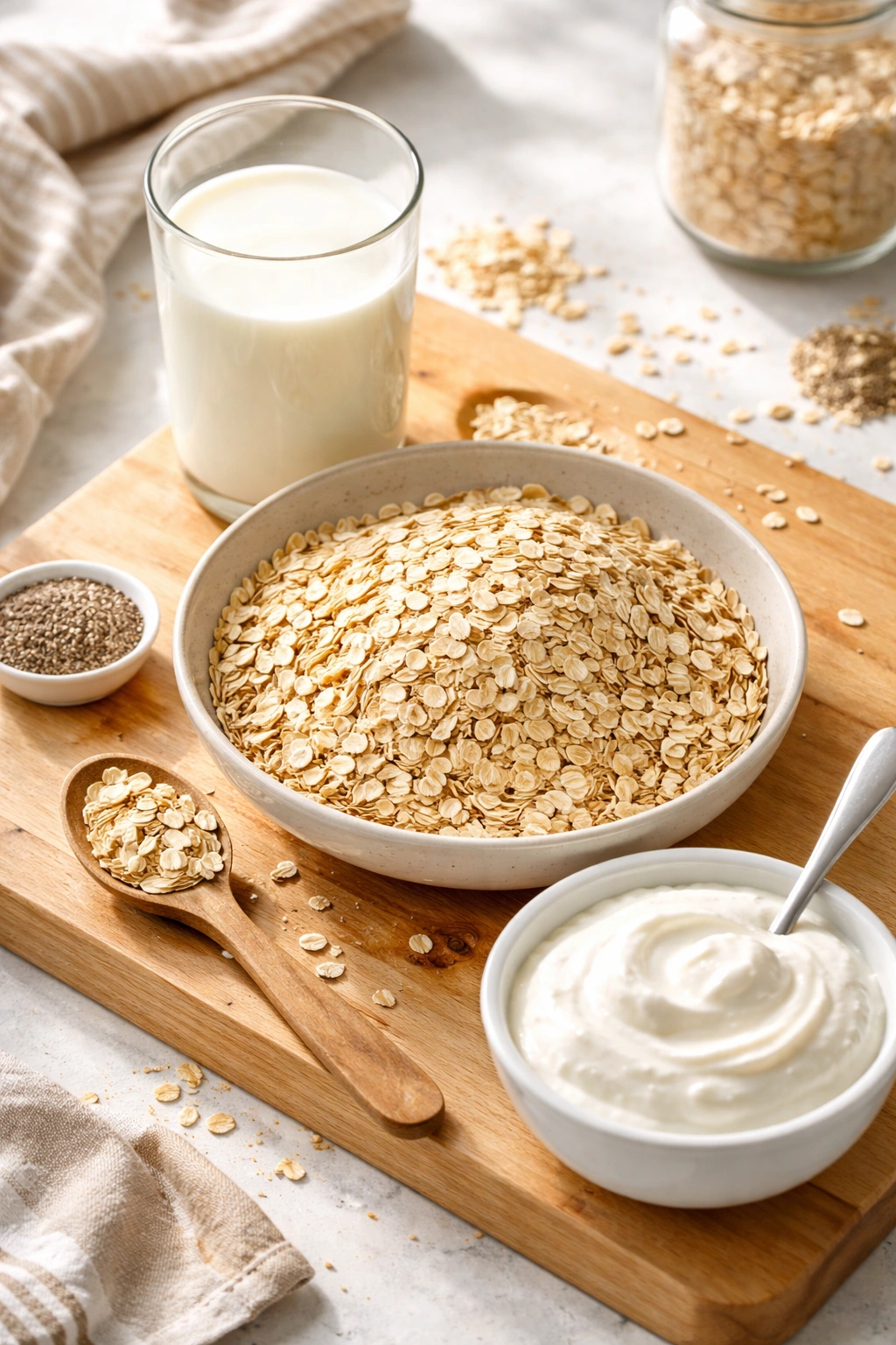 Rolled oats, milk, and Greek yogurt arranged on a wooden board