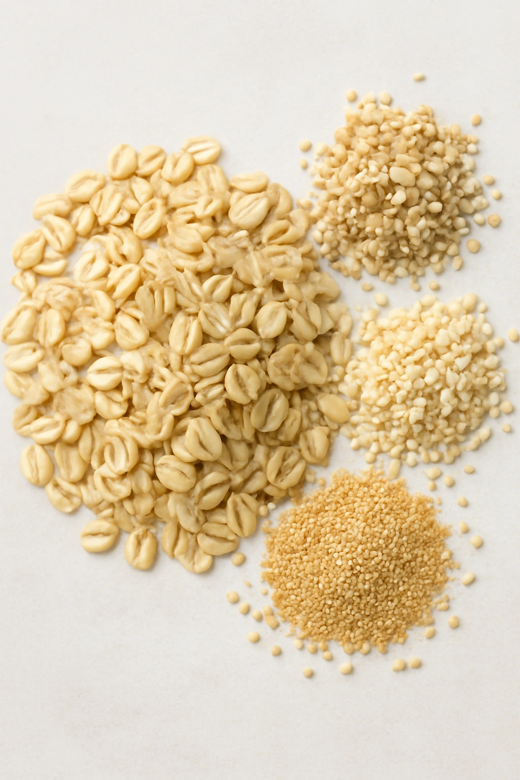 Rolled oats and other grains laid out on a neutral surface