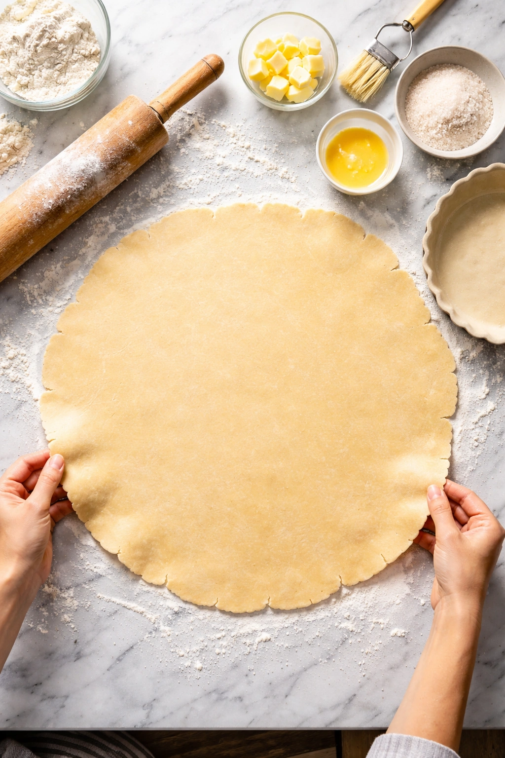Rolled dough circle on flour-dusted counter, ready to fit into pie pan