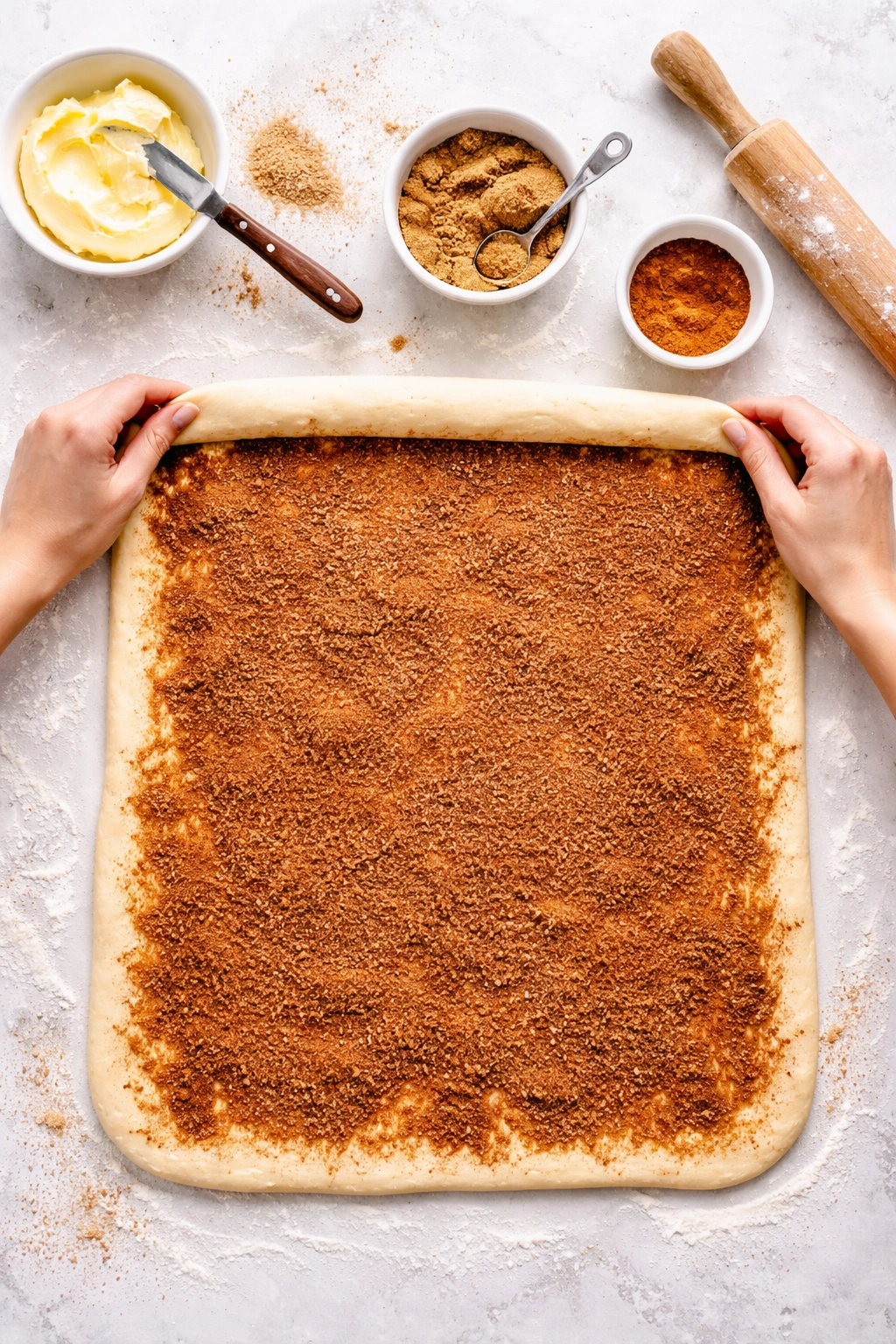 Flat dough sheet spread with cinnamon filling on a floured surface