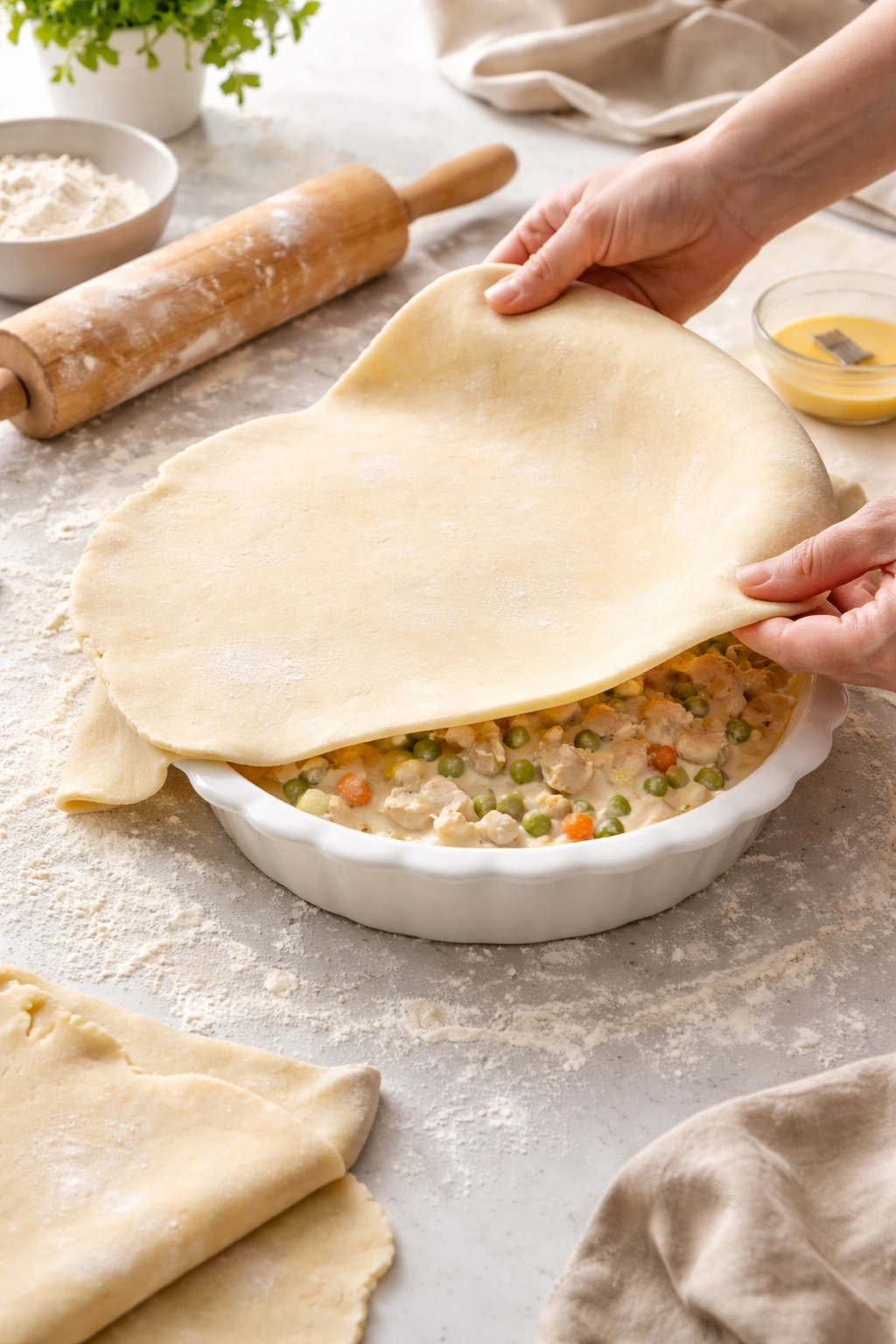 Dough being rolled on a floured surface next to a pie dish