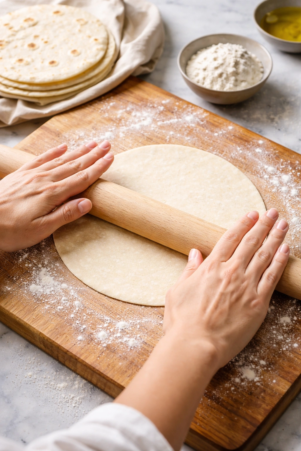 Tortilla being rolled thin on a floured wooden board