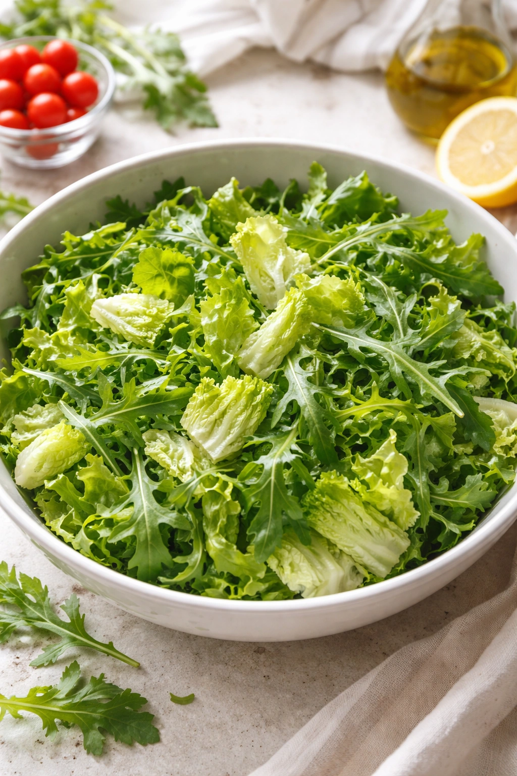 Romaine and arugula greens in a bowl.