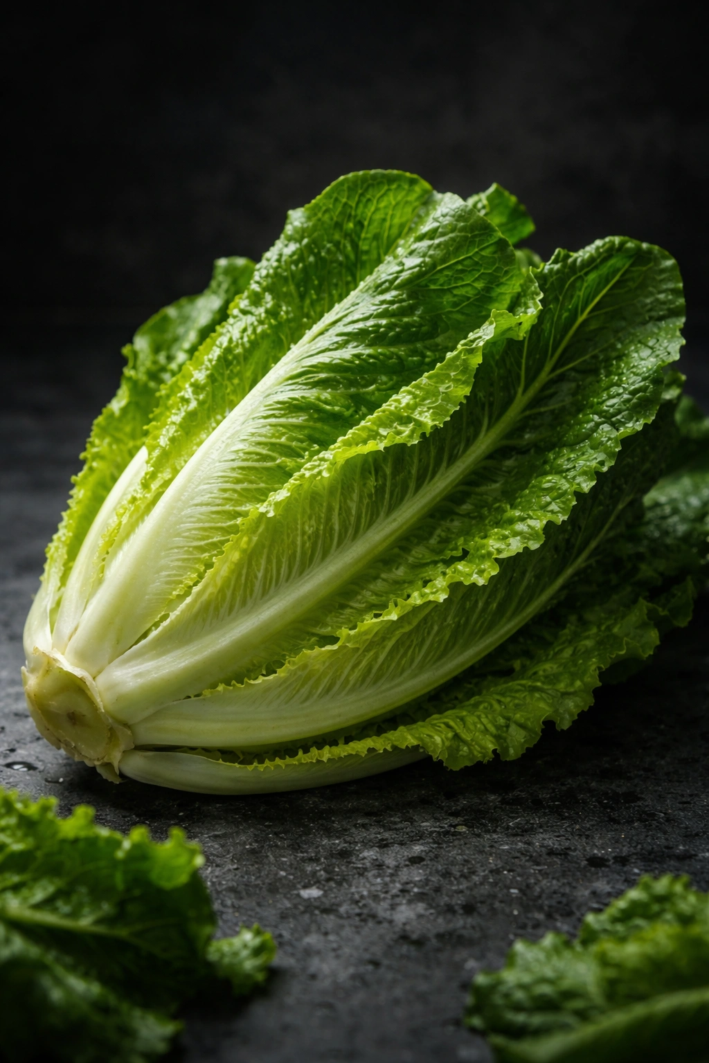 Crisp romaine lettuce head on dark background