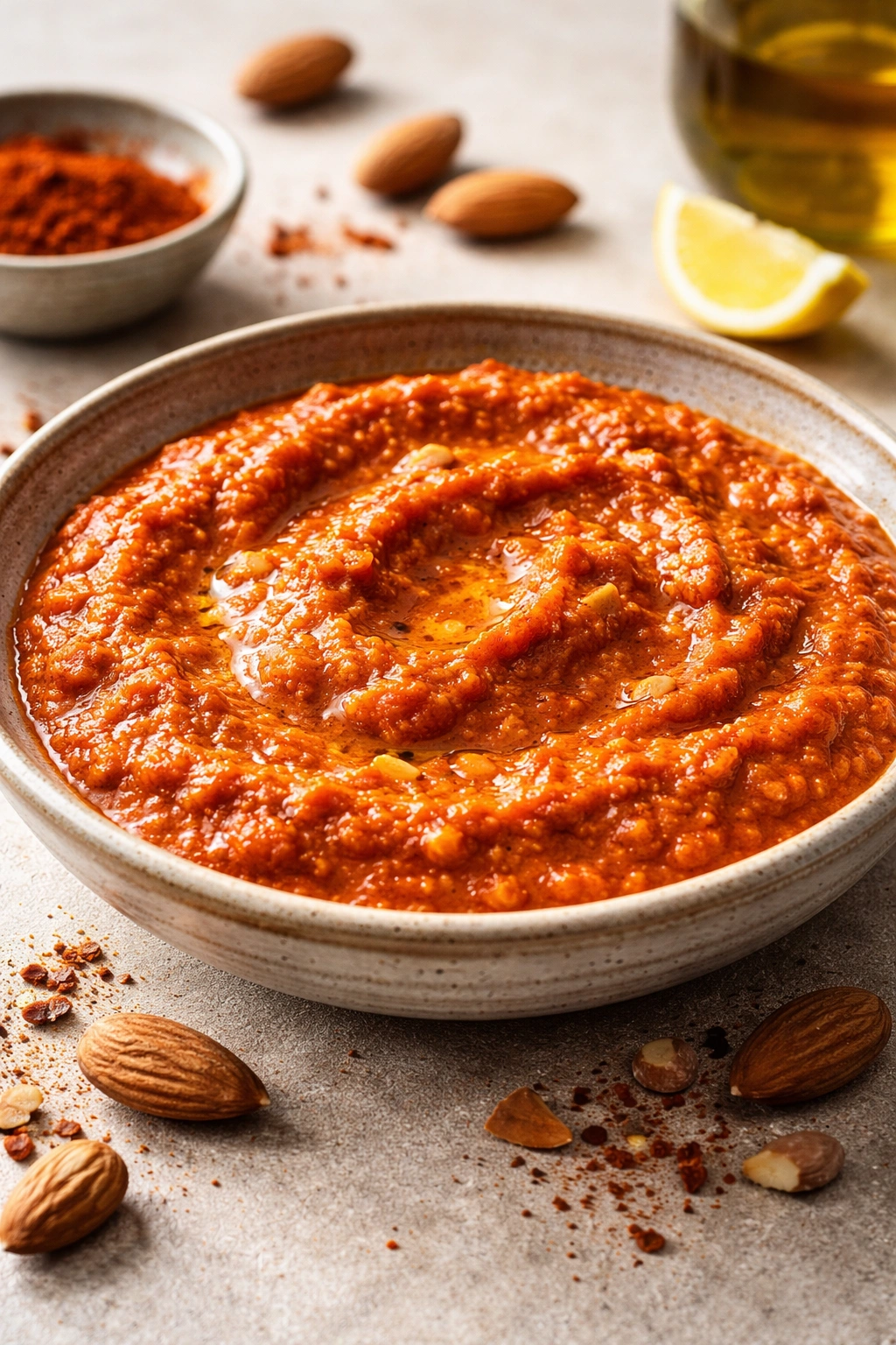 Thick romesco sauce with almond bits in a bowl