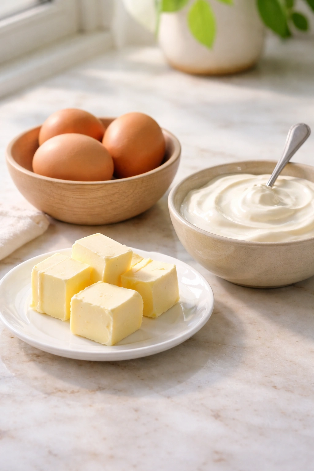 Butter, eggs, and sour cream at room temperature on a counter